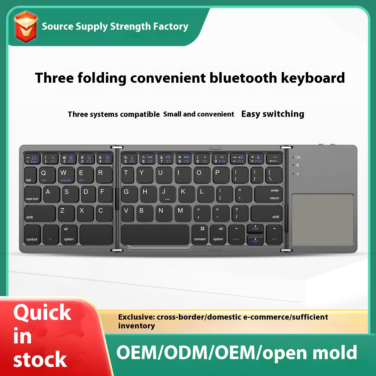 Wireless Bluetooth Mini Tri-folding Keyboard Supports Mobile Phones, Tablets And Notebooks, Foldable And Rechargeable With Touchpad