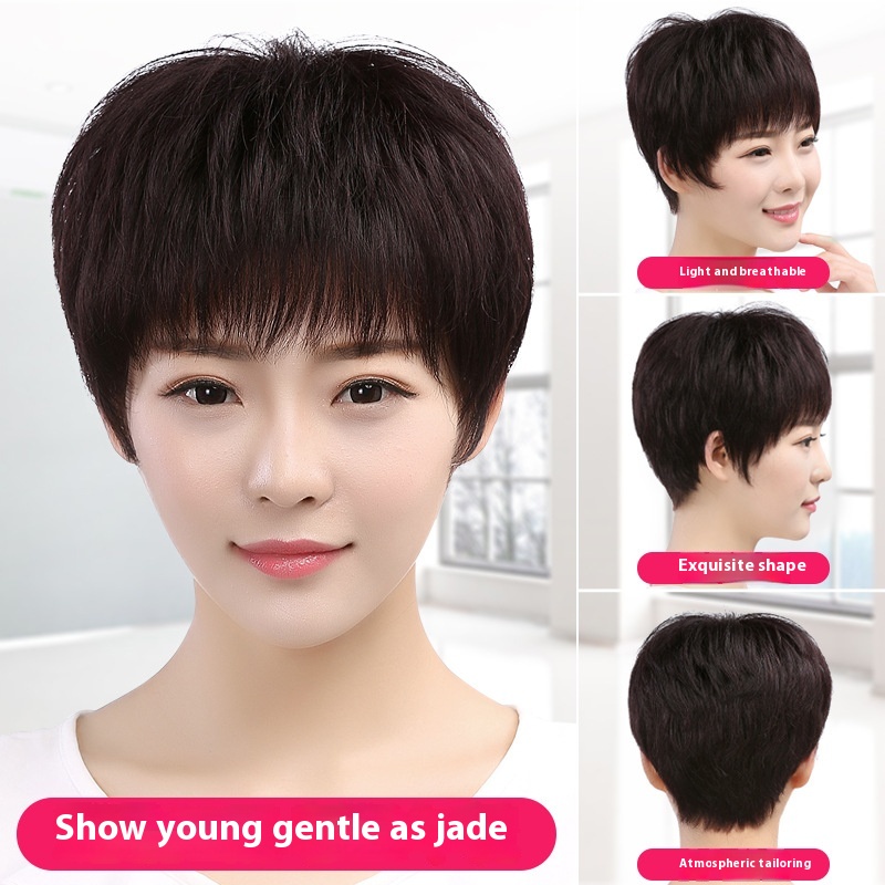 Middle-aged And Elderly Women With Short Hair, Round Face, Real Hair, Mother Style, Natural Lady's Whole Real Hair Wig Headgear