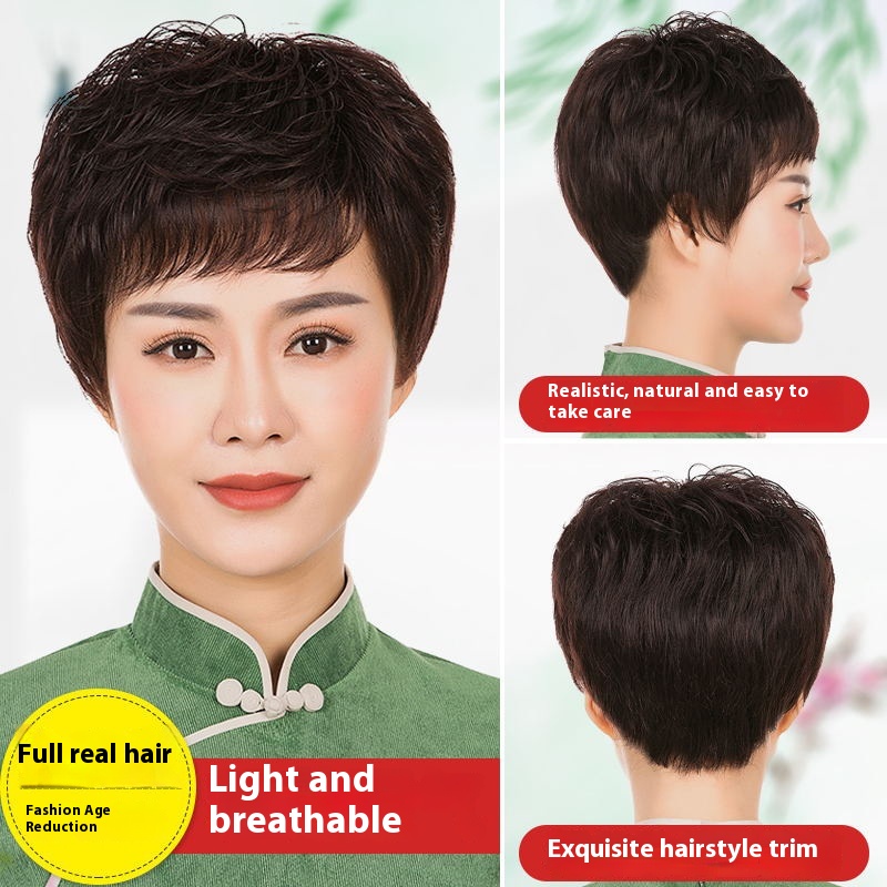 Wig For Women With Short Hair, Round Face, Short Curly Hair, Real Hair, Middle-aged And Elderly Mothers And Grandmothers, Natural Full Headgear