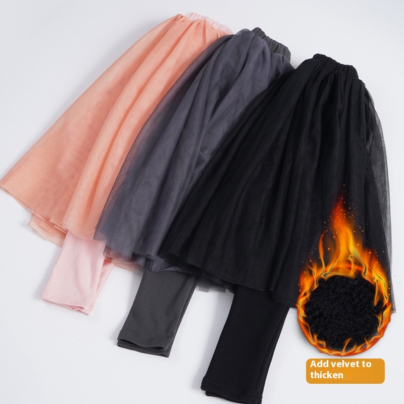 H T119 Girls Gauze Skirt Spring And Autumn Velvet Thickened Fake Two-piece Culottes Mesh Skirt Bottoming Children's Pants