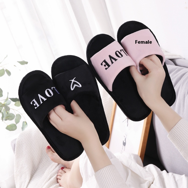 Jujia L O V E Loving Couple Home Floor Cotton Slippers Men's Home Non-slip Open Slippers Women