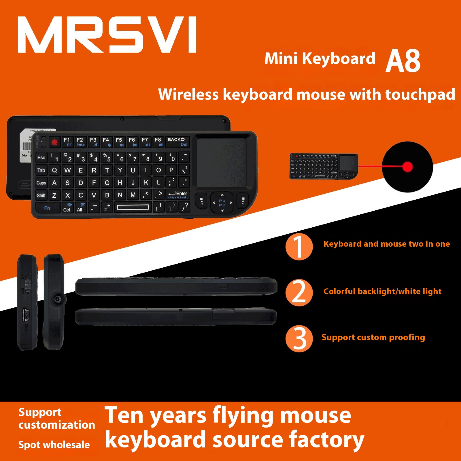 2.4g A8 Keyboard And Mouse Two-in-one Multi-function Colorful Backlight Multi-language U S B Handheld Flying Mouse With Touch