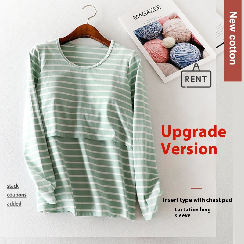 Striped Modal Cottonert Type With Breast Pad Nursing Long-sleeved Nursing Confinement Clothes Home Clothes Tops