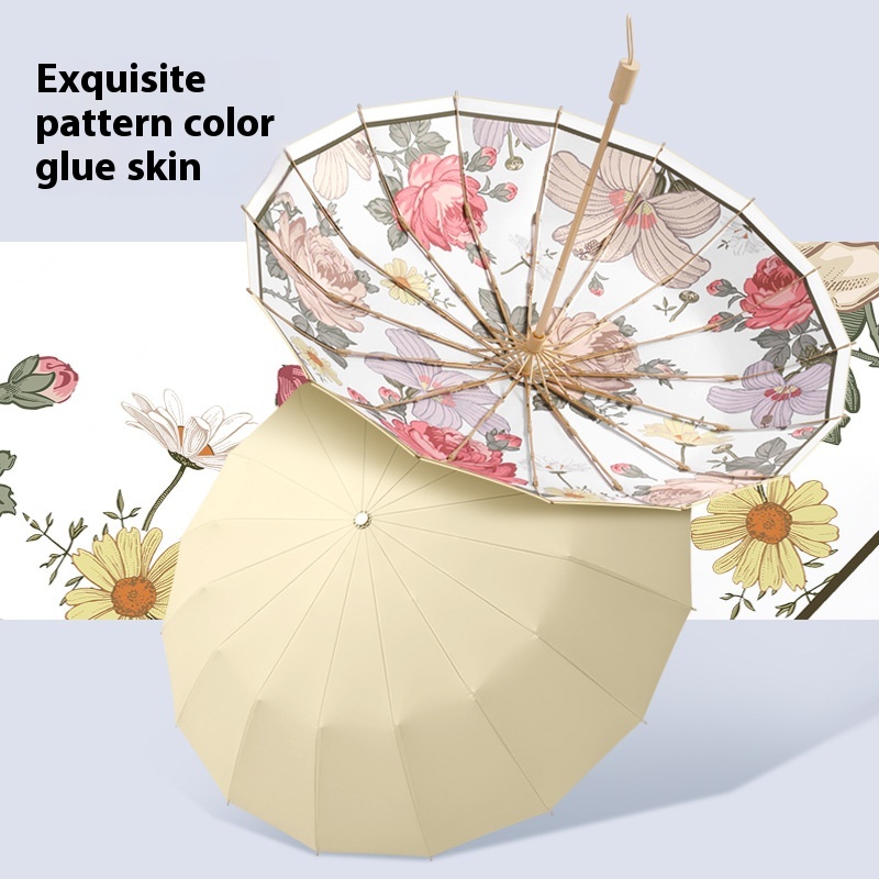 16 Bone Color Sun Umbrella Sunny And Rainy Dual-use Retro Wooden Handle Umbrella Color Glue Folding Manual Sunshade Umbrella