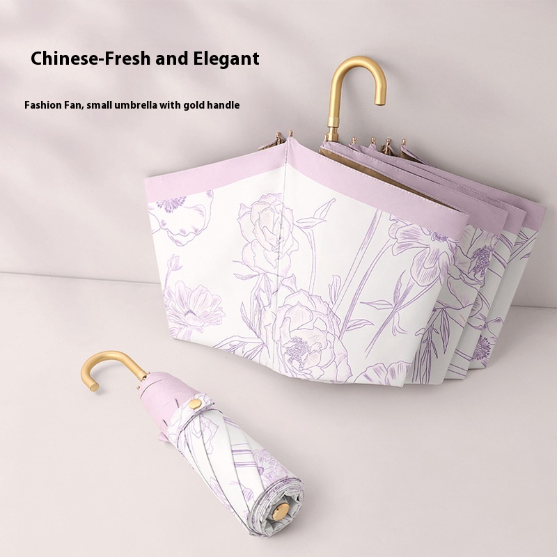 Small Fresh Hand Opening Three Fold8 Bone Color Glue Curved Hook Handle Gold Frame Rainproof Sunscreen Portable Sunny And Rainy