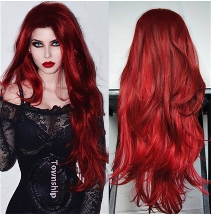 Foreign Trade Wig For Women With Long Curly Hair, Big Waves, Burgundy Middle-parted Long Bangs, Temperament Cos Slightly Curly Hair Headgear