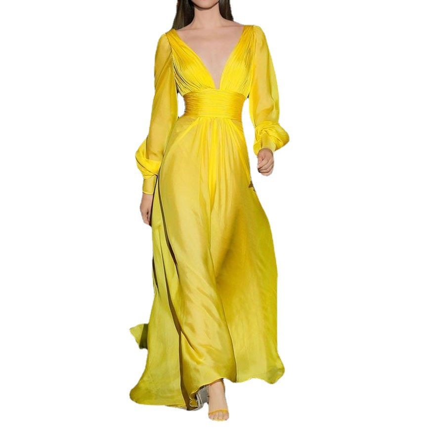 Foreign Trade Autumn And Winter Women's Fashion Sexy Temperament Deep V Neck Solid Color Dress Dress - 5