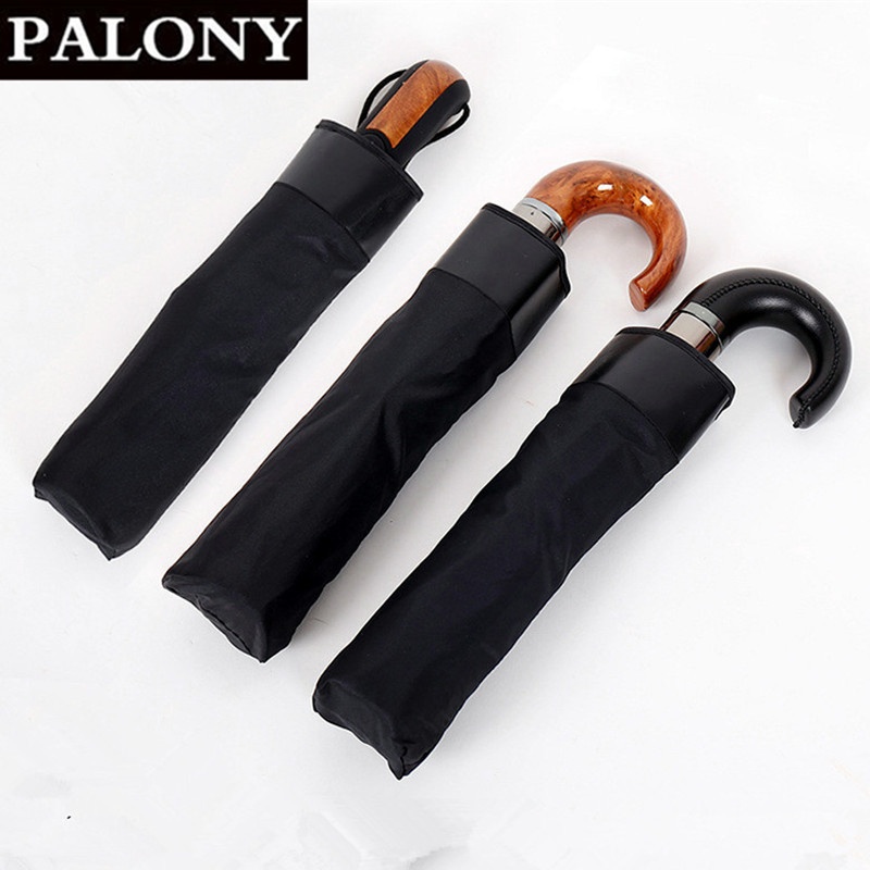 Umbrella Leather Imitation Wooden Handle Ten Bones Enlarged Pure Black Fully Automatic Three-fold Umbrella