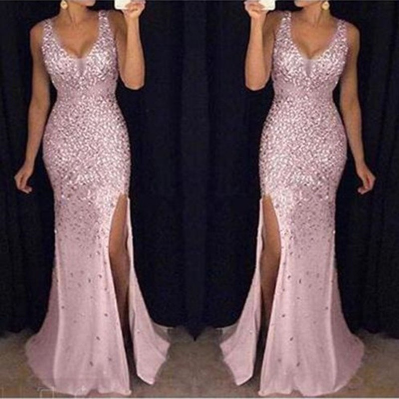European And American Women's Clothing Long Skirt Suspender V-neck Slit Gold Sprinkled Dress Dress - 3