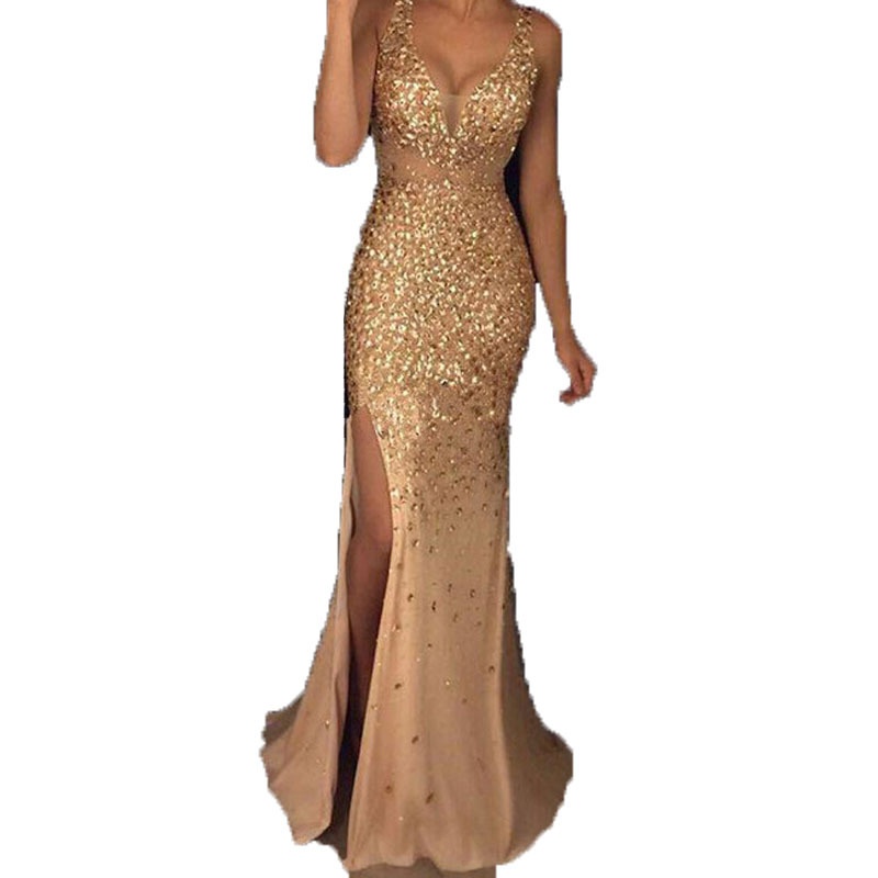 European And American Women's Clothing Long Skirt Suspender V-neck Slit Gold Sprinkled Dress Dress - 5