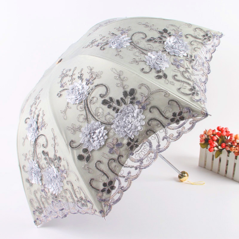 Embroidered Umbrella Lace Umbrella Sunny Umbrella Three-fold Black Glue Double-layer Anti-ultraviolet Parasol