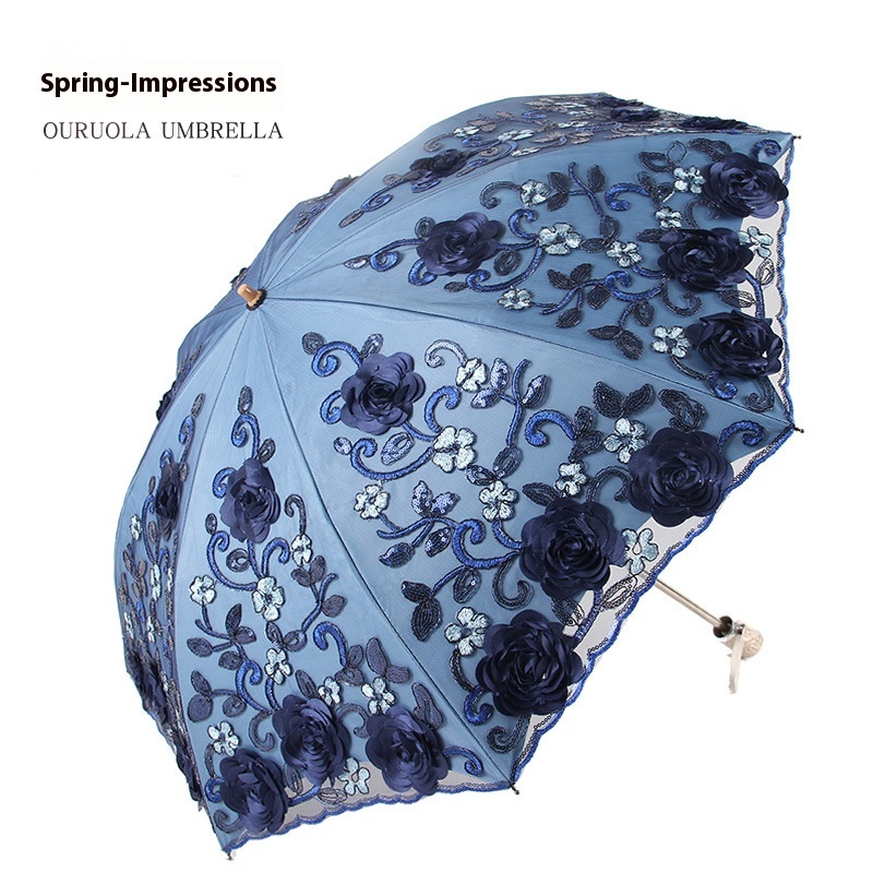 2-fold Sunny Umbrella Double-layer Lace Umbrella Embroidered Umbrella Black Glue Anti-ultraviolet Parasol Sun Umbrella
