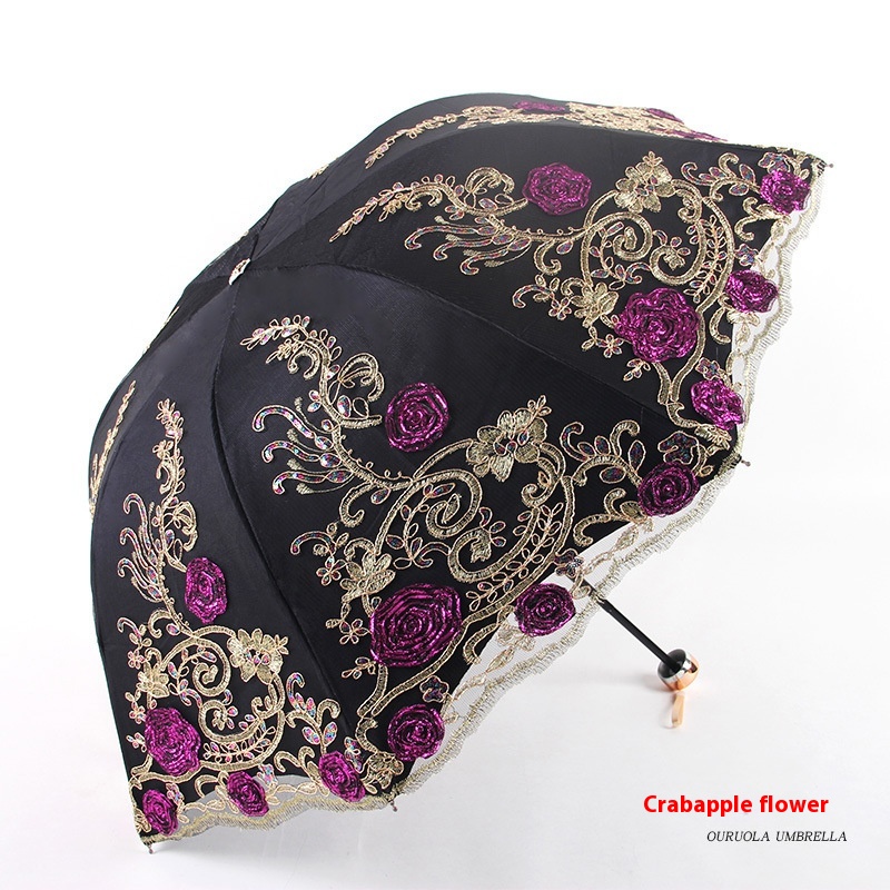 Tri-fold Lace Double-layer Embroidery Begonia Black Glue Anti-ultraviolet Sun Umbrella