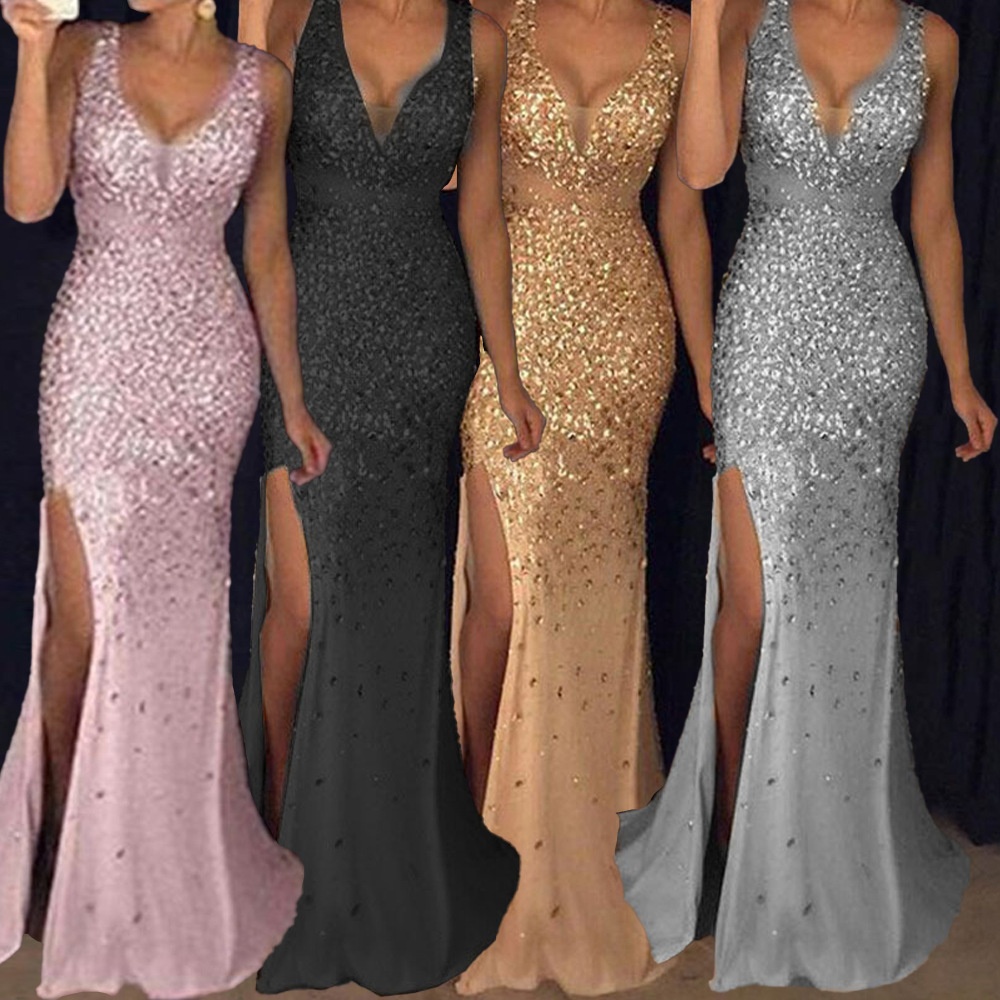 European And American Women's Clothing Long Skirt Suspender V-neck Slit Gold Sprinkled Dress Dress - 1