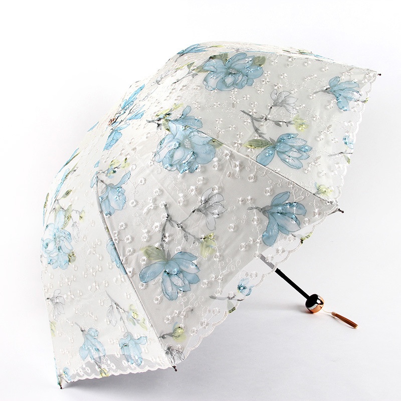 Aurora Embroidered Double Lace Umbrella Three-fold Umbrella Black Glue Anti-ultraviolet Sunscreen Umbrella Sunny Umbrella