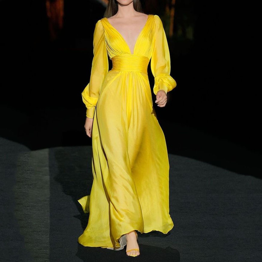 Foreign Trade Autumn And Winter Women's Fashion Sexy Temperament Deep V Neck Solid Color Dress Dress - 1