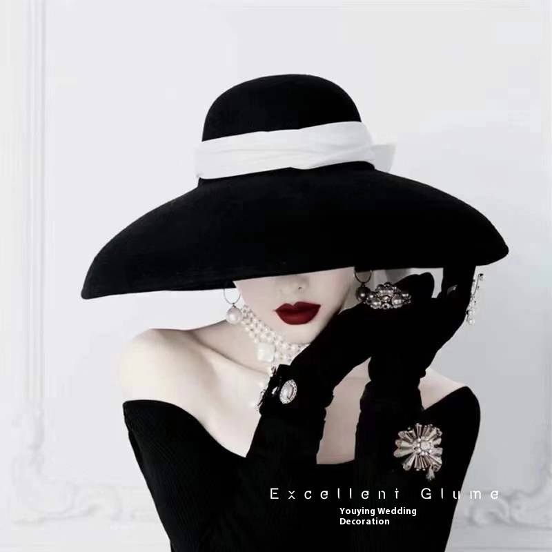 Fashion British French Elegant Simple Black Velvet Ribbon Hepburn Style Hat Photo Studio Retro Hat