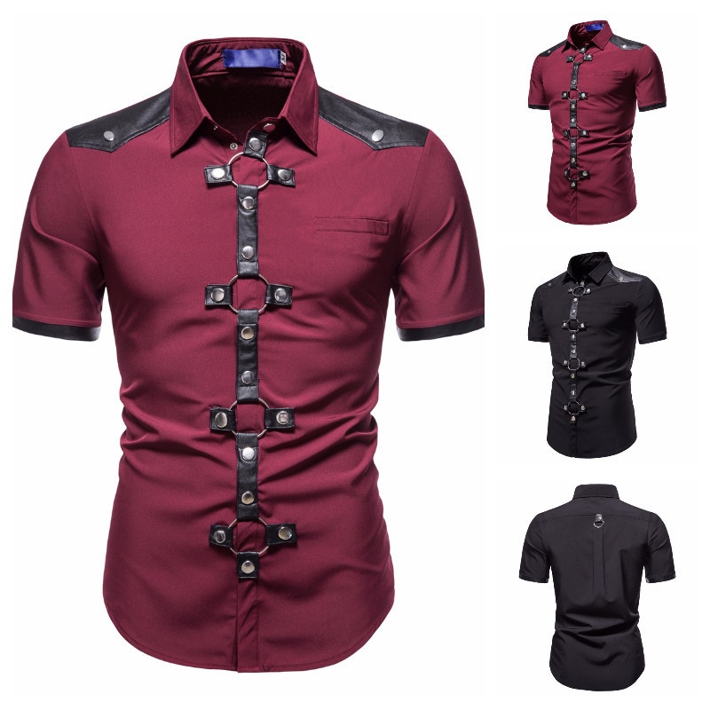 Shirt Men's Punk Dark Foreign Trade Men's Gothic Style Rivet Short-sleeved Shirt Performance Clothing Drop Shipping