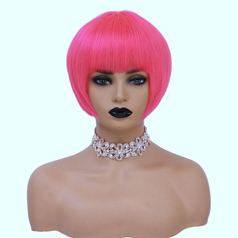 European And American Export Wigs For Women, Short Bobo Bob Hair, Pink P I N K, Full Bangs, Women's Short Straight Hair, Full Human Hair