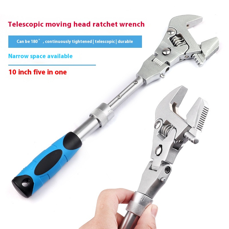 Multifunctional Five-in-one10-inch Retractable Adjustable Wrench, Folding Shaking Head Ratchet Wrench, Bathroom Air Conditioner Wrench