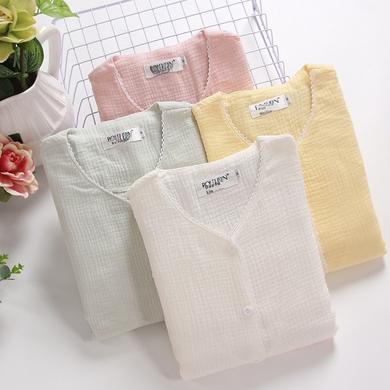 Postpartum Clothing Cotton Crepe Pajamas Spring, Summer And Autumn Long-sleeved Postpartum Breathable Sweat-absorbent Solid Color Nursing Pajamas