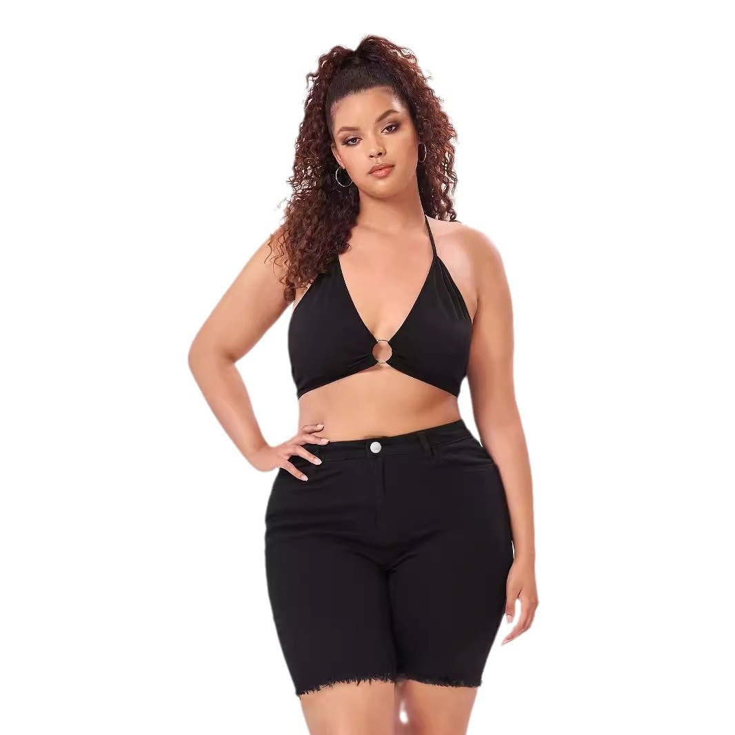 TEMUEuropean And American Plus-Size Denim Frayed Hem Black Bermuda Shorts,Mid-Length Shorts For Curvy Women