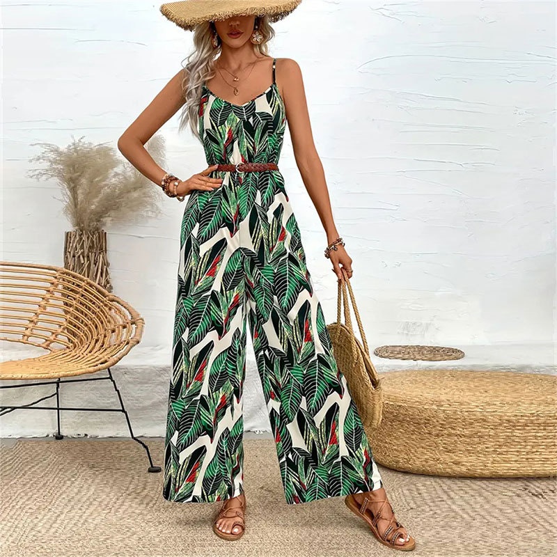 Printed Spaghetti Strap Wide-Leg Jumpsuit,Flowing And Draped Long Pants For Women