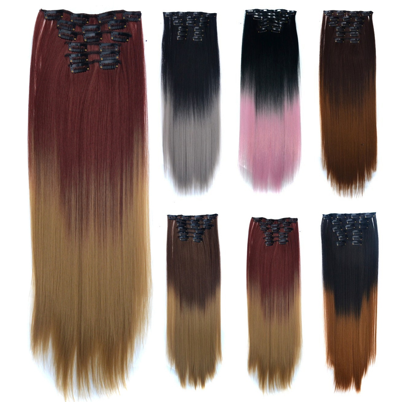 Wig Piece Clip Hair6 Piece Set Straight Color Gradient Hair Extension Piece16 Card Clip Hair Wig Set