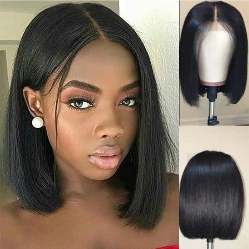 Foreign Trade European And American Wigs For Women With Black Short Straight Hair, Middle Parted Bobo Bob Head, High Temperature Silk, Chemical Fiber Hair Buttons, Mesh Headgear