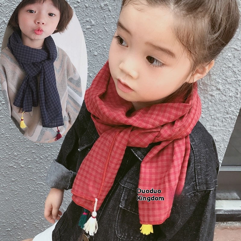 F963 Autumn Children's Scarf Cotton And Linen Plaid Cotton Thread Tassel Children's Long Scarf Warm Scarf