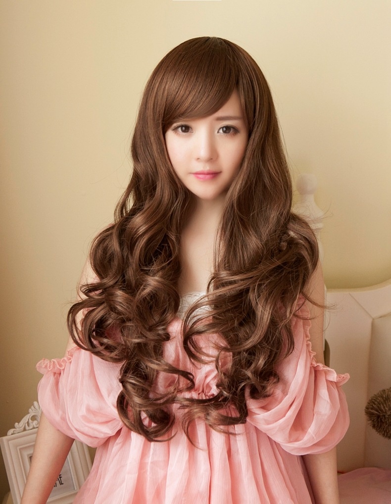 Wig For Women With Long Curly Hair, Big Waves, Fluffy And Realistic Korean Women's Natural Long Hair Oblique Bangs Pear Head Black Hair Set