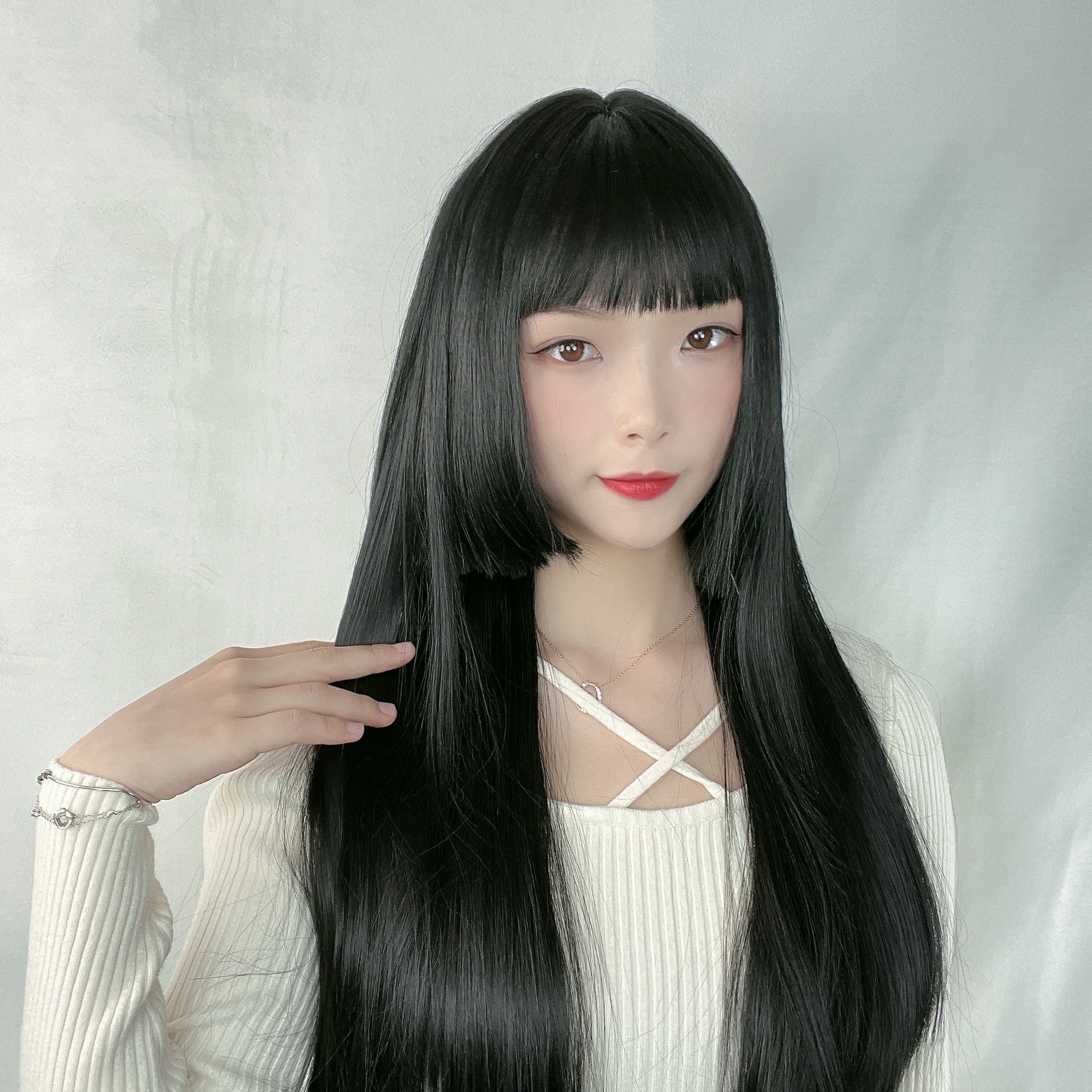 Anime Cosplay Wig Female Long Straight Hair Yin And Yang Gradient Color Long Hair Ji Hair Style Bangs Jk Fake Hair