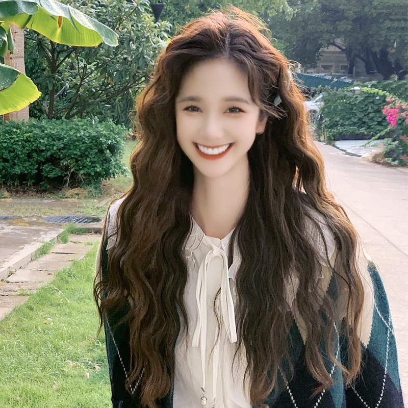 's Wig For Women With Long Curly Hair, Internet Celebrity Wool Roll, Middle-parted Corn Perm, Long Hair, Naturally Fluffy, Chemical Fiber Full Headgear Style