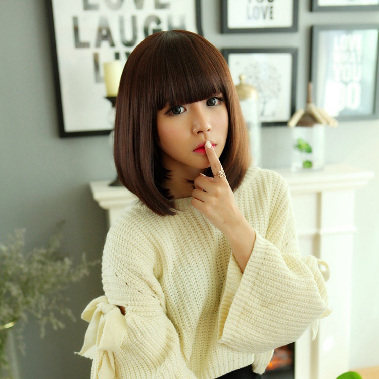 Air Bangs Thin Wig Female Short Hair Bobo Inner Buckle Bob Fluffy Short Pear Head Slightly Curly Medium Length Wig Set