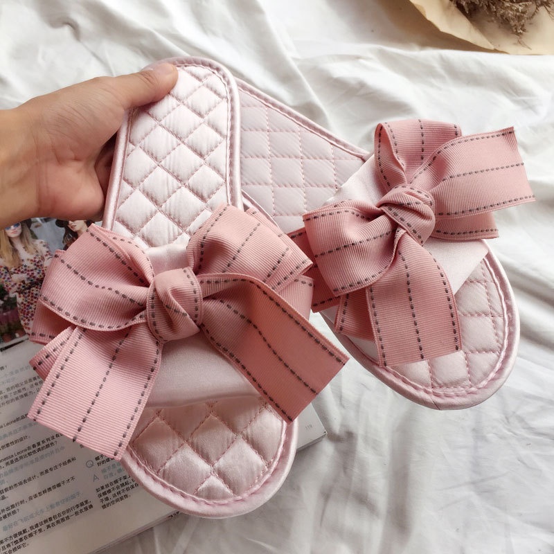 Home Sweet Bow Satin Slip-on Wear-resistant Non-slip Flat Bottom Confinement Shoes For Womeny