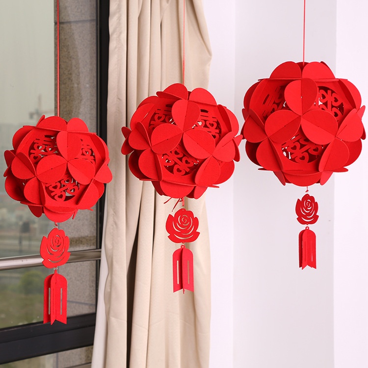 Wedding And Wedding Supplies Non-woven Fabric With The Word"happy" And The Word"blessing" Red Lanterns, Palace Lanterns, Flower Bouquet Decoration, Wedding Room Decoration