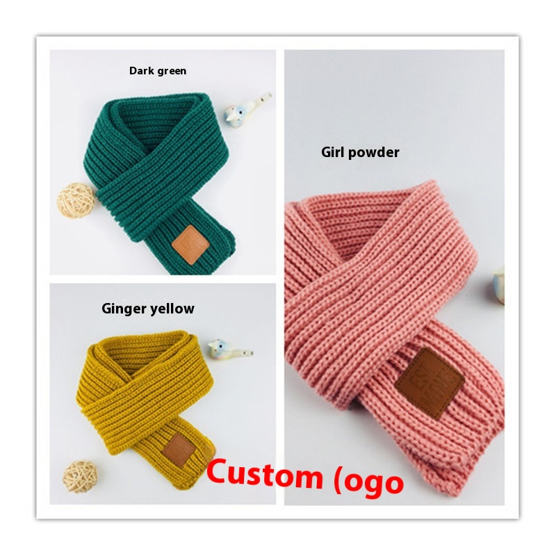 2017 Label Solid Color Knitted Children's Wool Scarf Thickened And Warm Style Baby Boy And Girl Small Leather Label Scarf