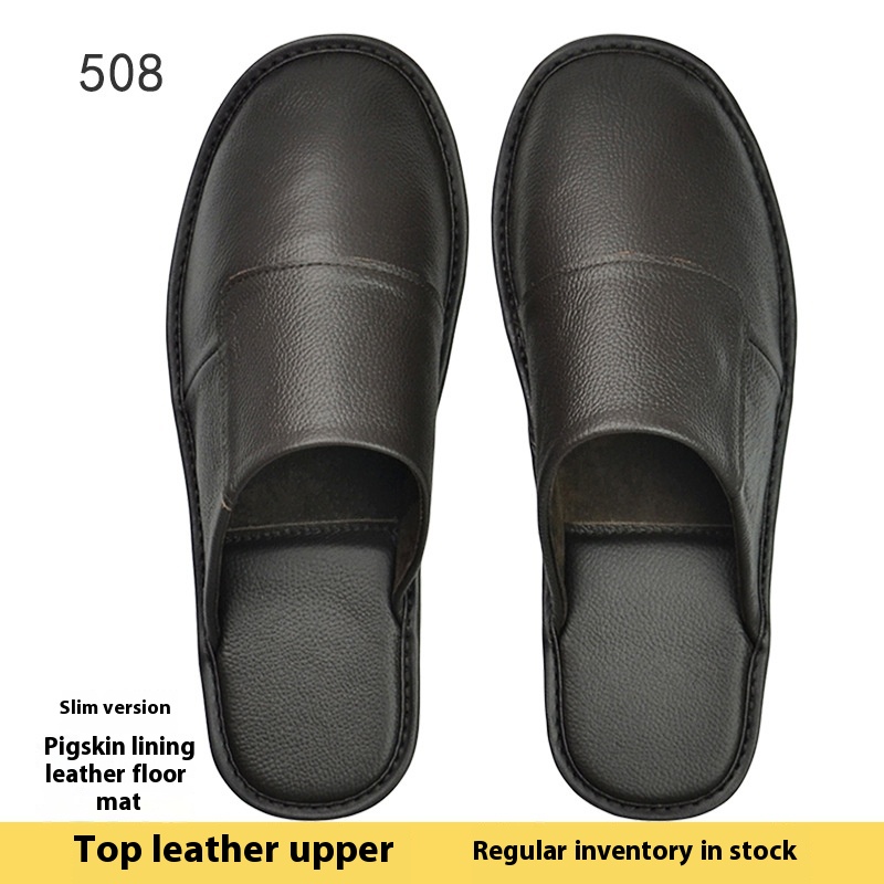 First Layer Cowhide Slippers Baotou Spring And Autumn Four Seasons Home Household Indoor Leather Slippers Men And Women Beef Tendon Bottom Non-slip
