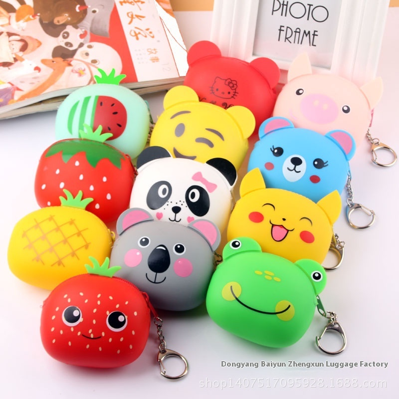 Children's Cartoon Cute Coin Purse Silicone Zipper Fruit Animal Small Wallet Waterproof Data Cable Storage Small Bag