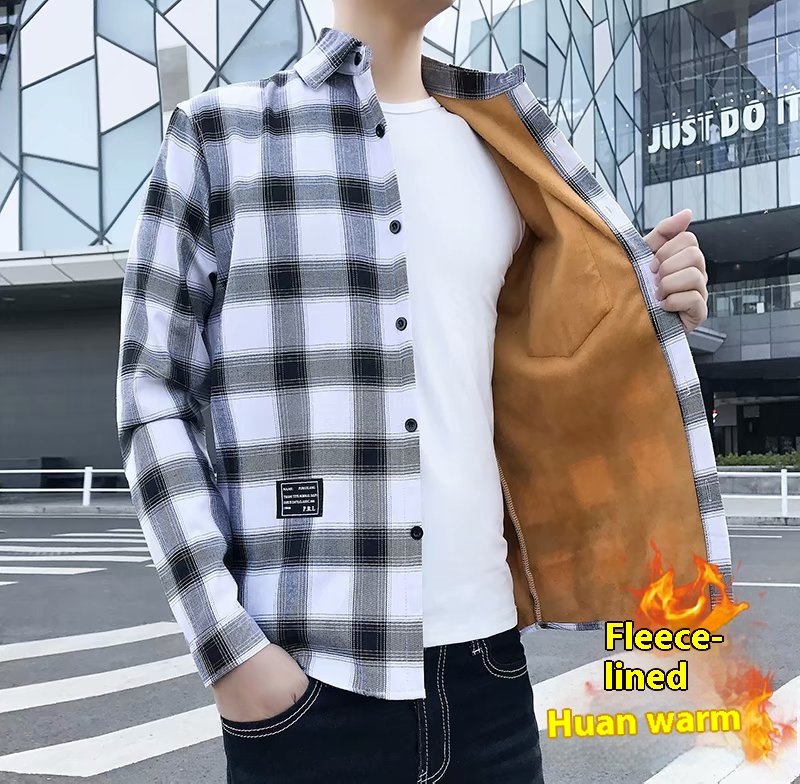 Velvet Thickened Winter Shirt Men's Plaid Long-sleevedy Loose Korean Styley Handsome Men's Casual Warm Shirt