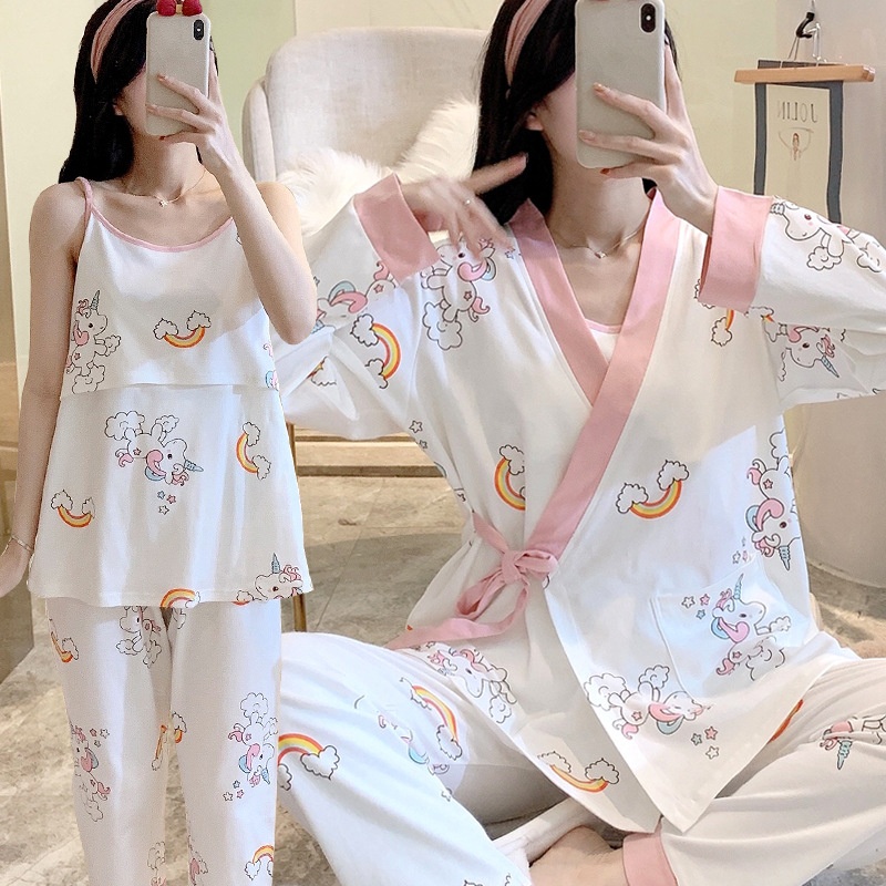 Postpartum Clothing Spring And Autumn Pure Cotton Postpartum Breastfeeding Maternity Pajamas Pregnancy Summer Thin Postpartum Breastfeeding Three-piece Set
