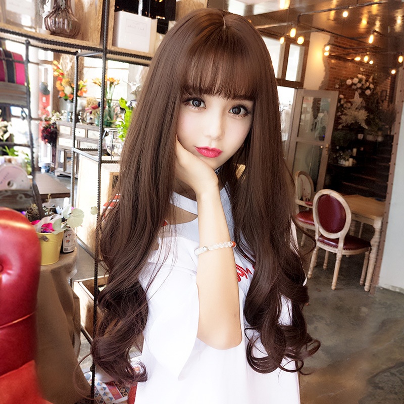 Rose Net Wig Women's Long Curly Hair Air Bangs Corn Perm Long Hair Real Long Curly Wig Full Head Cover