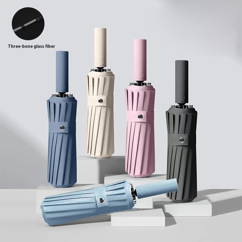 12-Rib,24-Rib,60-Rib Fully Automatic Black Vinyl Sun Protection Umbrella:Large Three-Fold Sunshade And Rain Umbrella