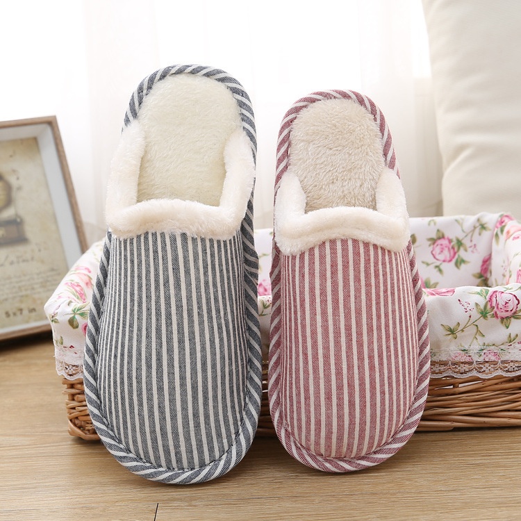 Autumn And Winter Striped Home Cotton Slippers Indoor Men And Women Couples Anti-slip Plush Warm Thick-soled Home Slippers