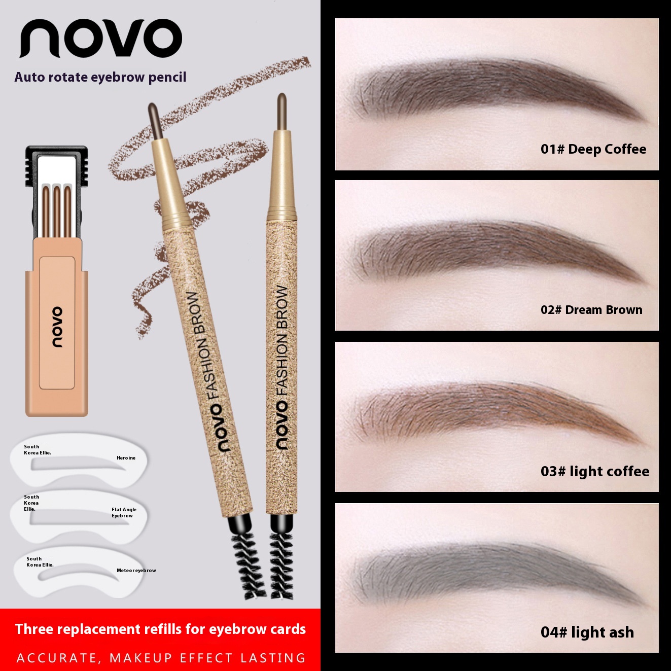 N O V O Automatic Rotating Eyebrow Pencil Comes With3 Replacement Refills+ Eyebrow Card, Long-lasting Waterproof And Sweat-proof, Clear Roots Without Smudging5146
