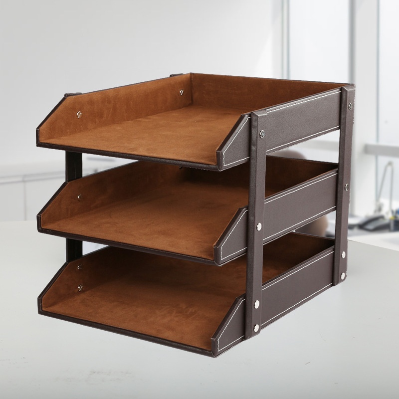 Leather Three-layer File Rack Information Rack Desktop Office Storage File Tray Business Office Supplies Book Rack
