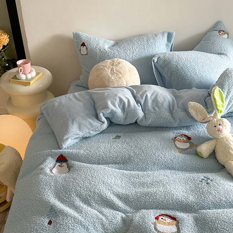 Cream Blue Thickened Teddy Velvet Towel Embroidered Little Penguin Four-piece Set1.5m1.8 Milk Velvet Autumn And Winter Warmth