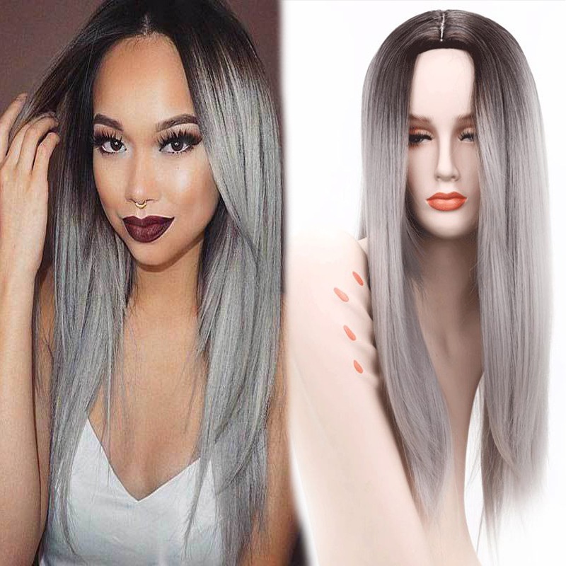 European And American Foreign Trade Ladies' Fashionable Black Gradient Silver-gray Long Straight Hair High-temperature Silk Chemical Fiber Hair With A Minimum Order Of One Piece