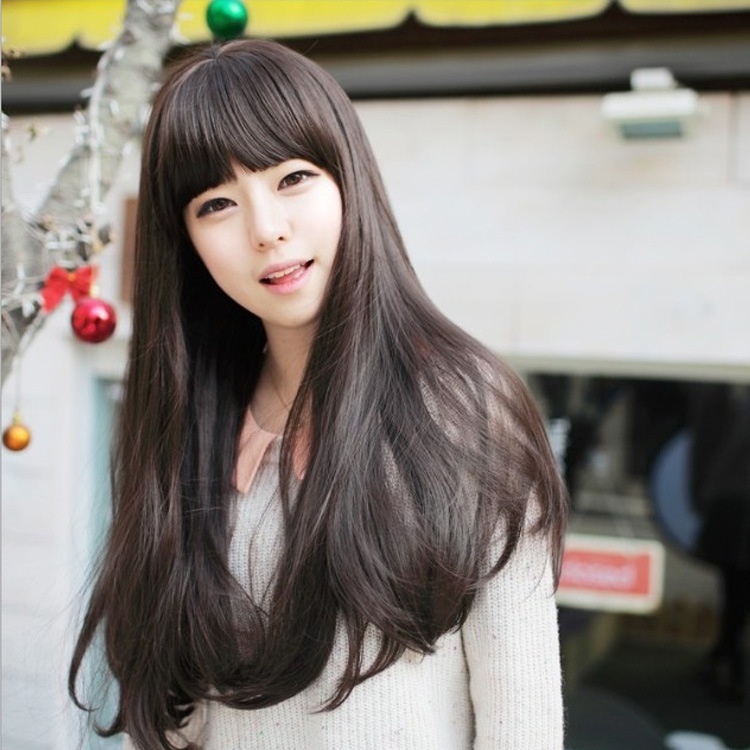Air Bangs Girl With Bangs, Long Curly Hair, Medium-length Wig, Long Straight Hair, Fluffy Real Girl Wig Direct Sale