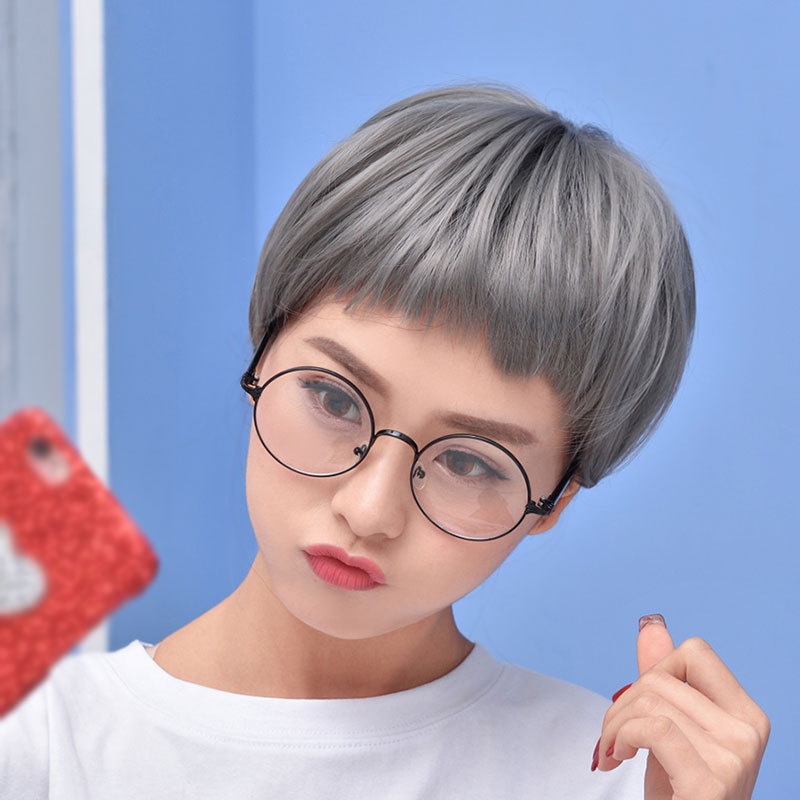 Dog Chewing Bangs Wig Female Short Hair Fluffy Short Curly Bobo Head Grandma Gray Wig Set Wig One Piece Hair Replacement